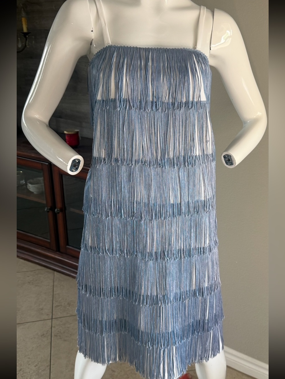 Vintage Handmade Fringed Slip Dress in Light Blue S